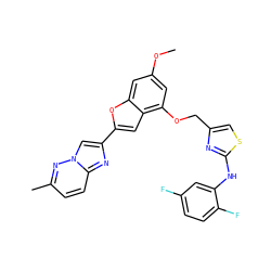 COc1cc(OCc2csc(Nc3cc(F)ccc3F)n2)c2cc(-c3cn4nc(C)ccc4n3)oc2c1 ZINC000653669539