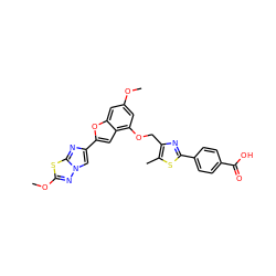 COc1cc(OCc2nc(-c3ccc(C(=O)O)cc3)sc2C)c2cc(-c3cn4nc(OC)sc4n3)oc2c1 ZINC000205676735