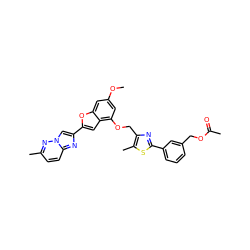 COc1cc(OCc2nc(-c3cccc(COC(C)=O)c3)sc2C)c2cc(-c3cn4nc(C)ccc4n3)oc2c1 ZINC000653666170