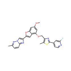 COc1cc(OCc2nc(-c3ccnc(F)c3)sc2C)c2cc(-c3cn4nc(C)ccc4n3)oc2c1 ZINC000653669372