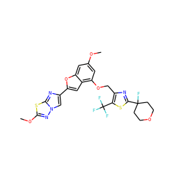 COc1cc(OCc2nc(C3(F)CCOCC3)sc2C(F)(F)F)c2cc(-c3cn4nc(OC)sc4n3)oc2c1 ZINC000143311815