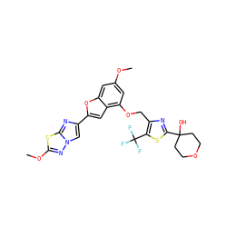 COc1cc(OCc2nc(C3(O)CCOCC3)sc2C(F)(F)F)c2cc(-c3cn4nc(OC)sc4n3)oc2c1 ZINC000205743890