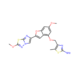 COc1cc(OCc2nc(N)sc2C)c2cc(-c3cn4nc(OC)sc4n3)oc2c1 ZINC000205683276