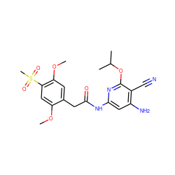 COc1cc(S(C)(=O)=O)c(OC)cc1CC(=O)Nc1cc(N)c(C#N)c(OC(C)C)n1 ZINC000014960142