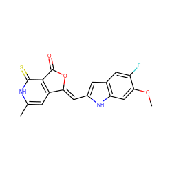 COc1cc2[nH]c(/C=C3\OC(=O)c4c3cc(C)[nH]c4=S)cc2cc1F ZINC000040865547