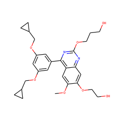 COc1cc2c(-c3cc(OCC4CC4)cc(OCC4CC4)c3)nc(OCCCO)nc2cc1OCCO ZINC000026728272