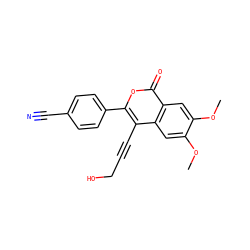 COc1cc2c(C#CCO)c(-c3ccc(C#N)cc3)oc(=O)c2cc1OC ZINC000061949561