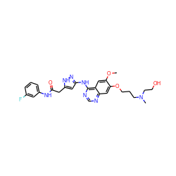 COc1cc2c(Nc3cc(CC(=O)Nc4cccc(F)c4)[nH]n3)ncnc2cc1OCCCN(C)CCO ZINC000034803052