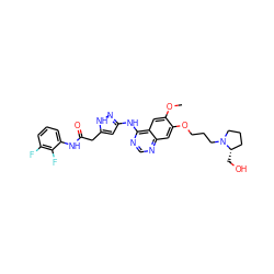 COc1cc2c(Nc3cc(CC(=O)Nc4cccc(F)c4F)[nH]n3)ncnc2cc1OCCCN1CCC[C@@H]1CO ZINC000034802971