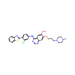 COc1cc2c(Nc3ccc(-c4nc5ccccc5s4)c(Cl)c3)ncnc2cc1OCCCN1CCN(C)CC1 ZINC000049757144