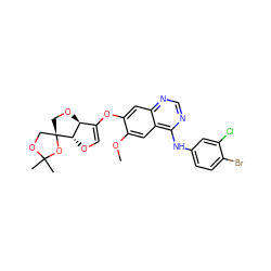 COc1cc2c(Nc3ccc(Br)c(Cl)c3)ncnc2cc1OC1=CO[C@H]2[C@H]1OC[C@@]21COC(C)(C)O1 ZINC000231585958