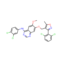 COc1cc2c(Nc3ccc(Cl)c(Cl)c3)ncnc2cc1OCc1c(-c2c(Cl)cccc2Cl)noc1C ZINC000114821196