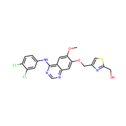 COc1cc2c(Nc3ccc(Cl)c(Cl)c3)ncnc2cc1OCc1csc(CO)n1 ZINC000115597764