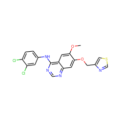 COc1cc2c(Nc3ccc(Cl)c(Cl)c3)ncnc2cc1OCc1cscn1 ZINC000038907084