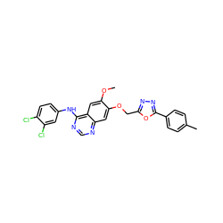 COc1cc2c(Nc3ccc(Cl)c(Cl)c3)ncnc2cc1OCc1nnc(-c2ccc(C)cc2)o1 ZINC000114821473