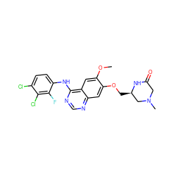 COc1cc2c(Nc3ccc(Cl)c(Cl)c3F)ncnc2cc1OC[C@@H]1CN(C)CC(=O)N1 ZINC000114823768