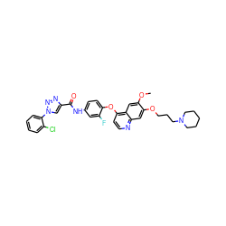 COc1cc2c(Oc3ccc(NC(=O)c4cn(-c5ccccc5Cl)nn4)cc3F)ccnc2cc1OCCCN1CCCCC1 ZINC000653899384