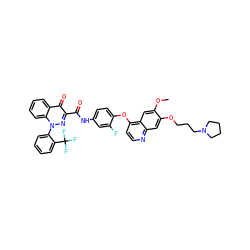 COc1cc2c(Oc3ccc(NC(=O)c4nn(-c5ccccc5C(F)(F)F)c5ccccc5c4=O)cc3F)ccnc2cc1OCCCN1CCCC1 ZINC000096270732