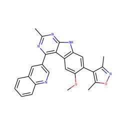 COc1cc2c(cc1-c1c(C)noc1C)[nH]c1nc(C)nc(-c3cnc4ccccc4c3)c12 ZINC000225377970
