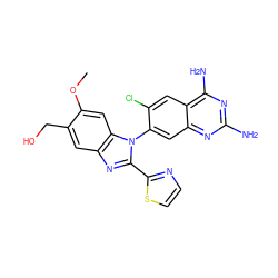 COc1cc2c(cc1CO)nc(-c1nccs1)n2-c1cc2nc(N)nc(N)c2cc1Cl ZINC000169706537