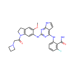 COc1cc2c(cc1Nc1nc(Nc3cccc(F)c3C(N)=O)c3cc[nH]c3n1)N(C(=O)CN1CCC1)CC2 ZINC000044404720