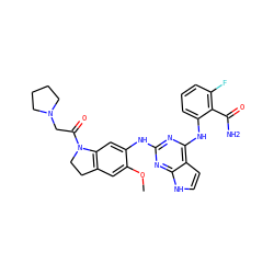 COc1cc2c(cc1Nc1nc(Nc3cccc(F)c3C(N)=O)c3cc[nH]c3n1)N(C(=O)CN1CCCC1)CC2 ZINC000042876778