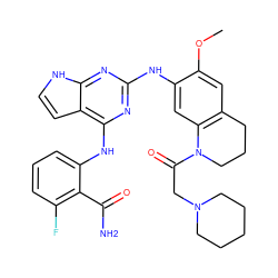 COc1cc2c(cc1Nc1nc(Nc3cccc(F)c3C(N)=O)c3cc[nH]c3n1)N(C(=O)CN1CCCCC1)CCC2 ZINC000044405528