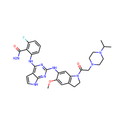 COc1cc2c(cc1Nc1nc(Nc3cccc(F)c3C(N)=O)c3cc[nH]c3n1)N(C(=O)CN1CCN(C(C)C)CC1)CC2 ZINC000042834127