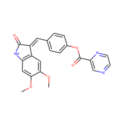 COc1cc2c(cc1OC)/C(=C\c1ccc(OC(=O)c3cnccn3)cc1)C(=O)N2 ZINC000101428661