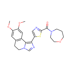 COc1cc2c(cc1OC)-c1c(-c3cnc(C(=O)N4CCCOCC4)s3)ncn1CC2 ZINC000084596429