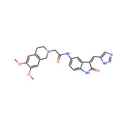 COc1cc2c(cc1OC)CN(CC(=O)Nc1ccc3c(c1)/C(=C/c1cnc[nH]1)C(=O)N3)CC2 ZINC000103242129