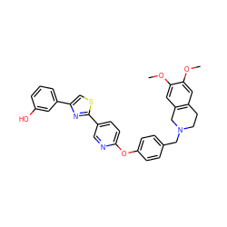 COc1cc2c(cc1OC)CN(Cc1ccc(Oc3ccc(-c4nc(-c5cccc(O)c5)cs4)cn3)cc1)CC2 ZINC000095590059