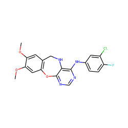 COc1cc2c(cc1OC)Oc1ncnc(Nc3ccc(F)c(Cl)c3)c1NC2 ZINC000028571942