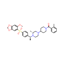 COc1cc2c(cc1S(=O)(=O)c1ccc([C@H](C)N3CCN(C4CCN(C(=O)c5ccccc5C)CC4)C[C@H]3C)cc1)OCO2 ZINC000027869659