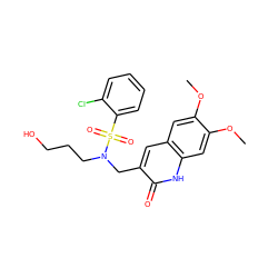 COc1cc2cc(CN(CCCO)S(=O)(=O)c3ccccc3Cl)c(=O)[nH]c2cc1OC ZINC000008586276