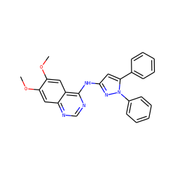 COc1cc2ncnc(Nc3cc(-c4ccccc4)n(-c4ccccc4)n3)c2cc1OC ZINC001772582524