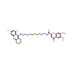 COc1cc2oc(C(=O)NCCCCCCCCCCNc3c4c(nc5cc(Cl)cc(Cl)c35)CCCC4)cc(=O)c2cc1OC ZINC000084587122