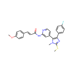 COc1ccc(/C=C/C(=O)Nc2cc(-c3c(-c4ccc(F)cc4)nc(SC)n3C)ccn2)cc1 ZINC000064527320