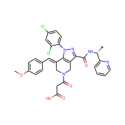 COc1ccc(/C=C2\CN(C(=O)CC(=O)O)Cc3c(C(=O)N[C@H](C)c4ccccn4)nn(-c4ccc(Cl)cc4Cl)c32)cc1 ZINC001772592688