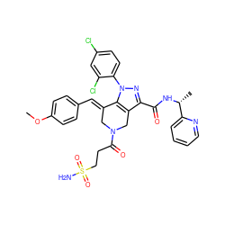 COc1ccc(/C=C2\CN(C(=O)CCS(N)(=O)=O)Cc3c(C(=O)N[C@H](C)c4ccccn4)nn(-c4ccc(Cl)cc4Cl)c32)cc1 ZINC001772607093