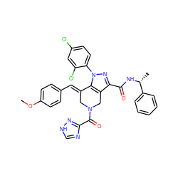 COc1ccc(/C=C2\CN(C(=O)c3nc[nH]n3)Cc3c(C(=O)N[C@H](C)c4ccccc4)nn(-c4ccc(Cl)cc4Cl)c32)cc1 ZINC001772648115