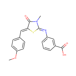 COc1ccc(/C=C2\S/C(=N\c3cccc(C(=O)O)c3)N(C)C2=O)cc1 ZINC000008377484