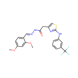 COc1ccc(/C=N/NC(=O)Cc2csc(Nc3cccc(C(F)(F)F)c3)n2)c(OC)c1 ZINC000008437751