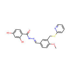 COc1ccc(/C=N/NC(=O)c2ccc(O)cc2O)cc1CSc1ccccn1 ZINC000005127745