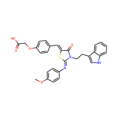 COc1ccc(/N=C2\S/C(=C\c3ccc(OCC(=O)O)cc3)C(=O)N2CCc2c[nH]c3ccccc23)cc1 ZINC000017413682