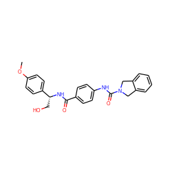 COc1ccc([C@@H](CO)NC(=O)c2ccc(NC(=O)N3Cc4ccccc4C3)cc2)cc1 ZINC000165786057
