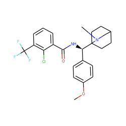 COc1ccc([C@@H](NC(=O)c2cccc(C(F)(F)F)c2Cl)C23CCC(CC2)CN3C)cc1 ZINC000141569228