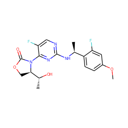 COc1ccc([C@H](C)Nc2ncc(F)c(N3C(=O)OC[C@@H]3[C@@H](C)O)n2)c(F)c1 ZINC000221906465