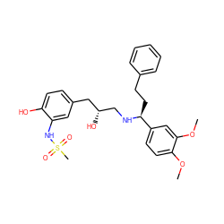 COc1ccc([C@H](CCc2ccccc2)NC[C@H](O)Cc2ccc(O)c(NS(C)(=O)=O)c2)cc1OC ZINC000028958126