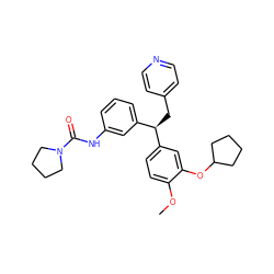 COc1ccc([C@H](Cc2ccncc2)c2cccc(NC(=O)N3CCCC3)c2)cc1OC1CCCC1 ZINC000013442045